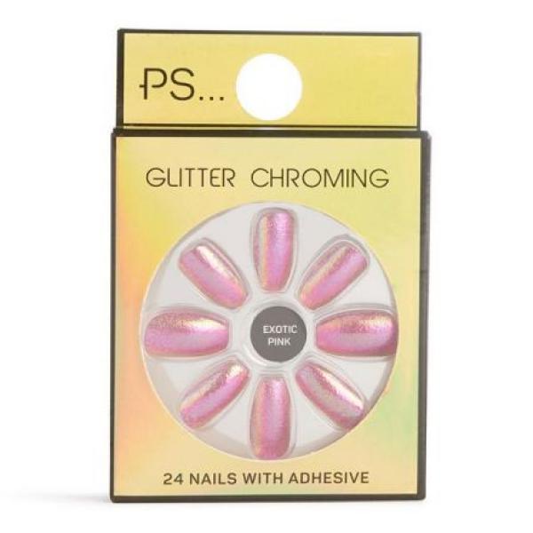 PS Glitter Chroming 24 Nails With Adhesive