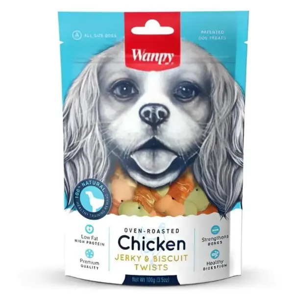 Wanpy Dog Treat Oven Roasted chicken Jerky & Biscuit Twists 100g